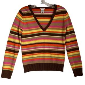 Vintage Striped Multicolor Lambswool Sweater V Neck Women M Retro Colorful